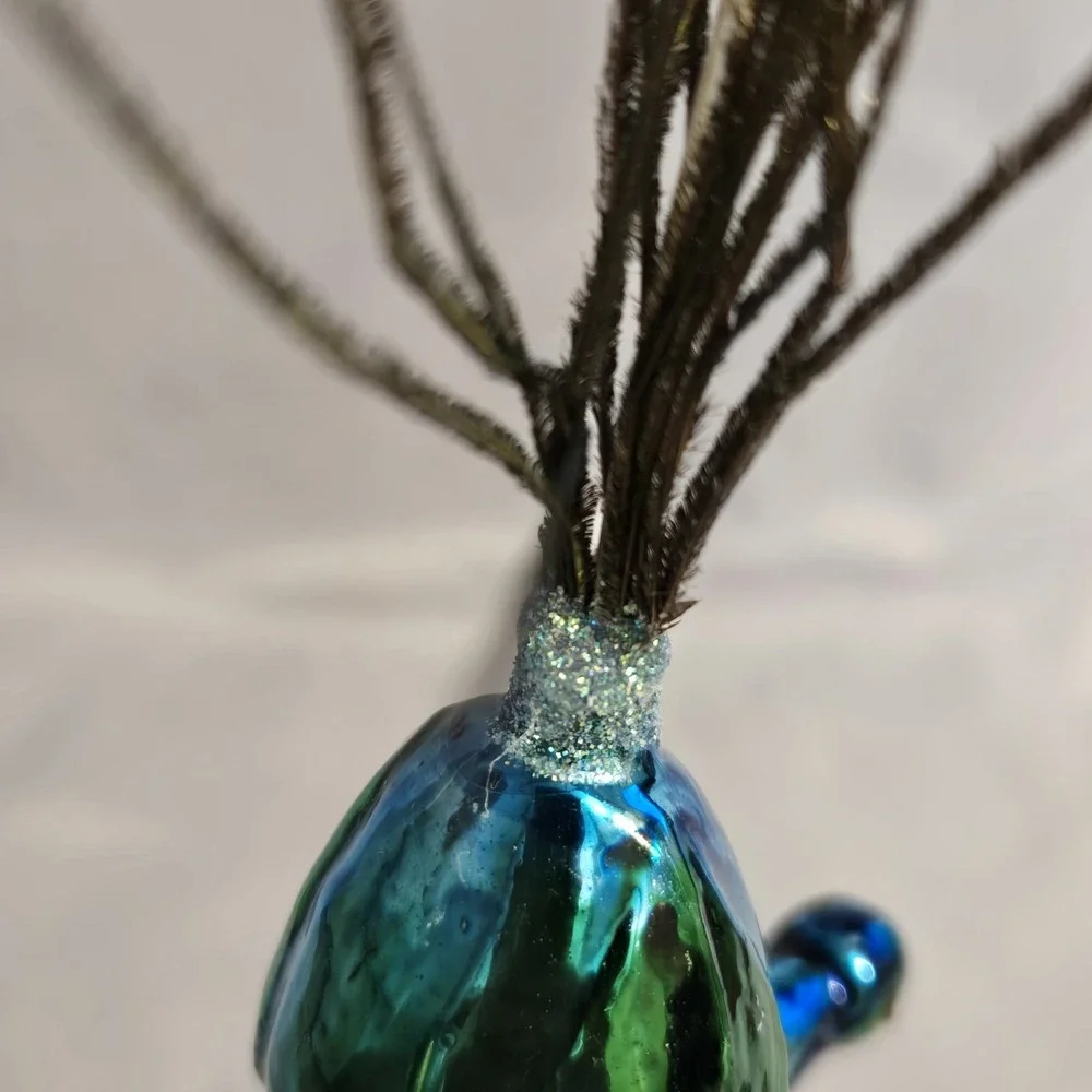 Glass Peacock Clip On Christmas Ornament Real Feather Tail Blue Green Glitter